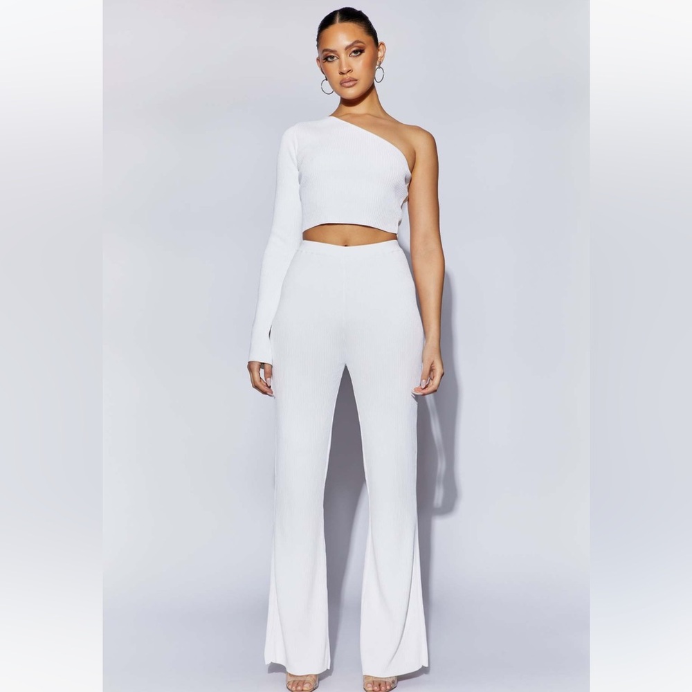 Meshki Rue One Shoulder Flare Sleeve White Crop Top